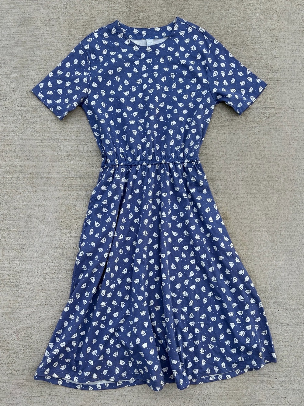 Vintage Lands End Sailboat Dress Petite Medium Blue Nautical Coastal Grandma USA